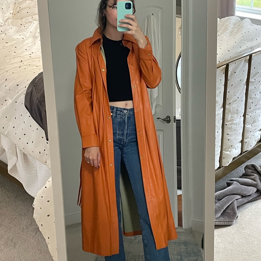House of Sunny Orange Leather Trench Coat